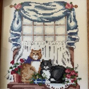 Vintage Kitty Cat Cross Stitch Embroidered Picture- Wooden Frame- Handmade